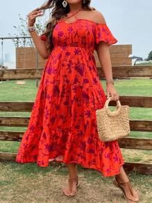 SHEIN Holidaya Plus Floral Print Criss Cross Tie Backless Ruffle Hem Dress