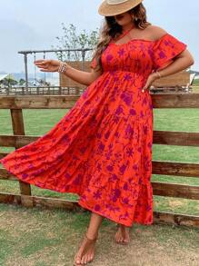 SHEIN Holidaya Plus Floral Print Criss Cross Tie Backless Ruffle Hem Dress