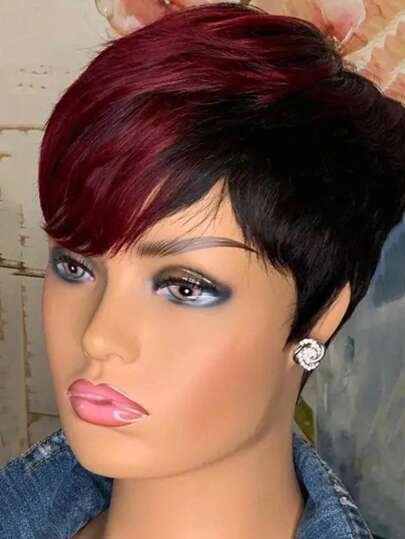 Non-Lace-Wig Full Short Wavy Pixie Cut Bang, Color Burgundy 99J/Natural Black