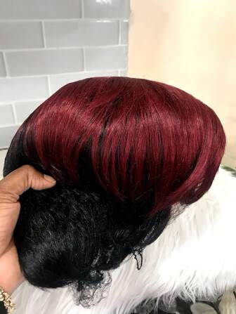 Non-Lace-Wig Full Short Wavy Pixie Cut Bang, Color Burgundy 99J/Natural Black