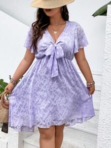 SHEIN Holidaya Plus Knot Front Butterfly Sleeve Dress - Purple - View 1