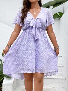 SHEIN Holidaya Plus Knot Front Butterfly Sleeve Dress - Purple - View 3
