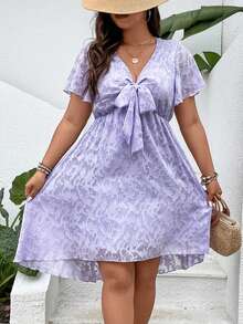 SHEIN Holidaya Plus Knot Front Butterfly Sleeve Dress - Purple - View 5