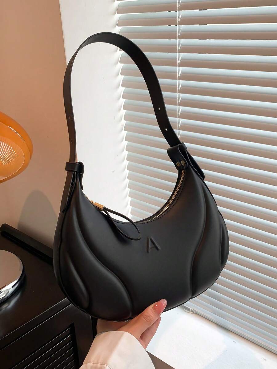 極簡流浪包中等拉鍊字母圖案黑色 - 黑色 - 查看 1