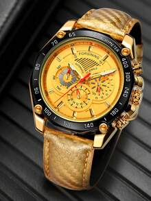 Men Round Pointer Mechanical Watch - Gold - View 1