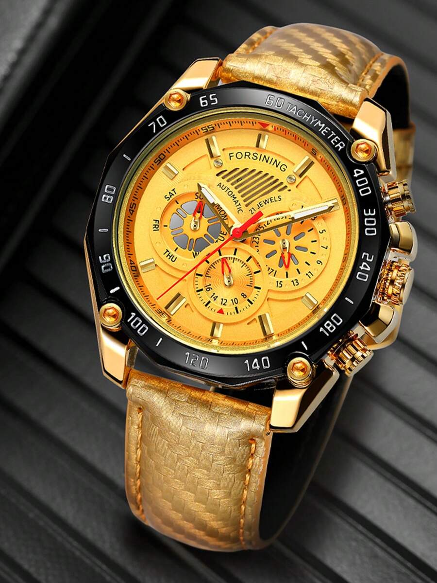 Men Round Pointer Mechanical Watch - Gold - View 1