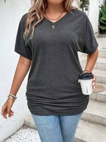 SHEIN LUNE Plus Solid Ruched Batwing Sleeve Tee - Dark Grey - View 6