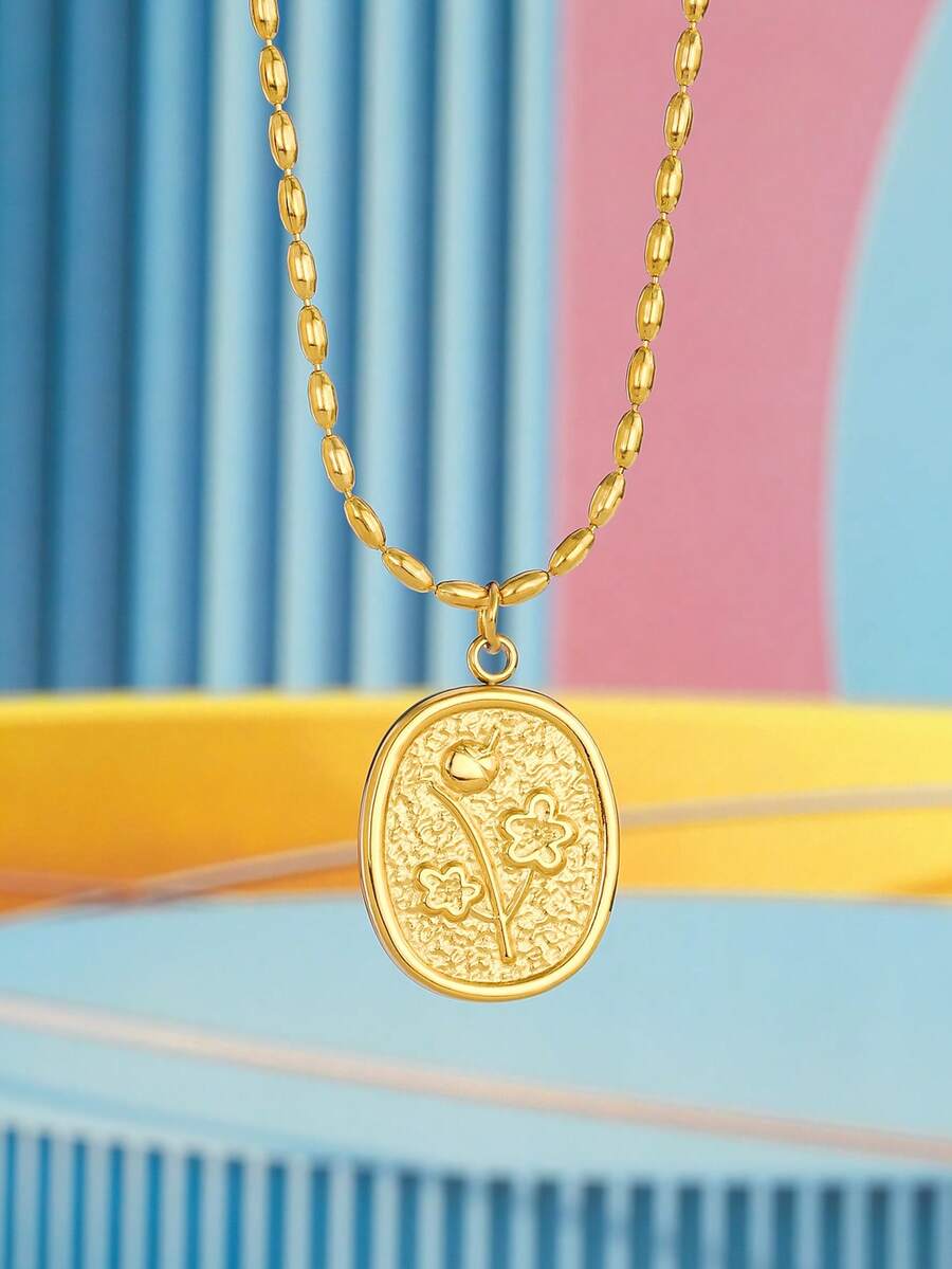 1pc Bohemian Rice Bead Chain Flower Pattern Square Brand Pendant Necklace For Children Party Gift - Yellow Gold - View 1