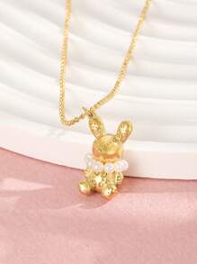 1pc Kids Faux Pearl Decor Cartoon Rabbit Stainless Steel Pendant Necklace For Party Gift - Yellow Gold - View 2