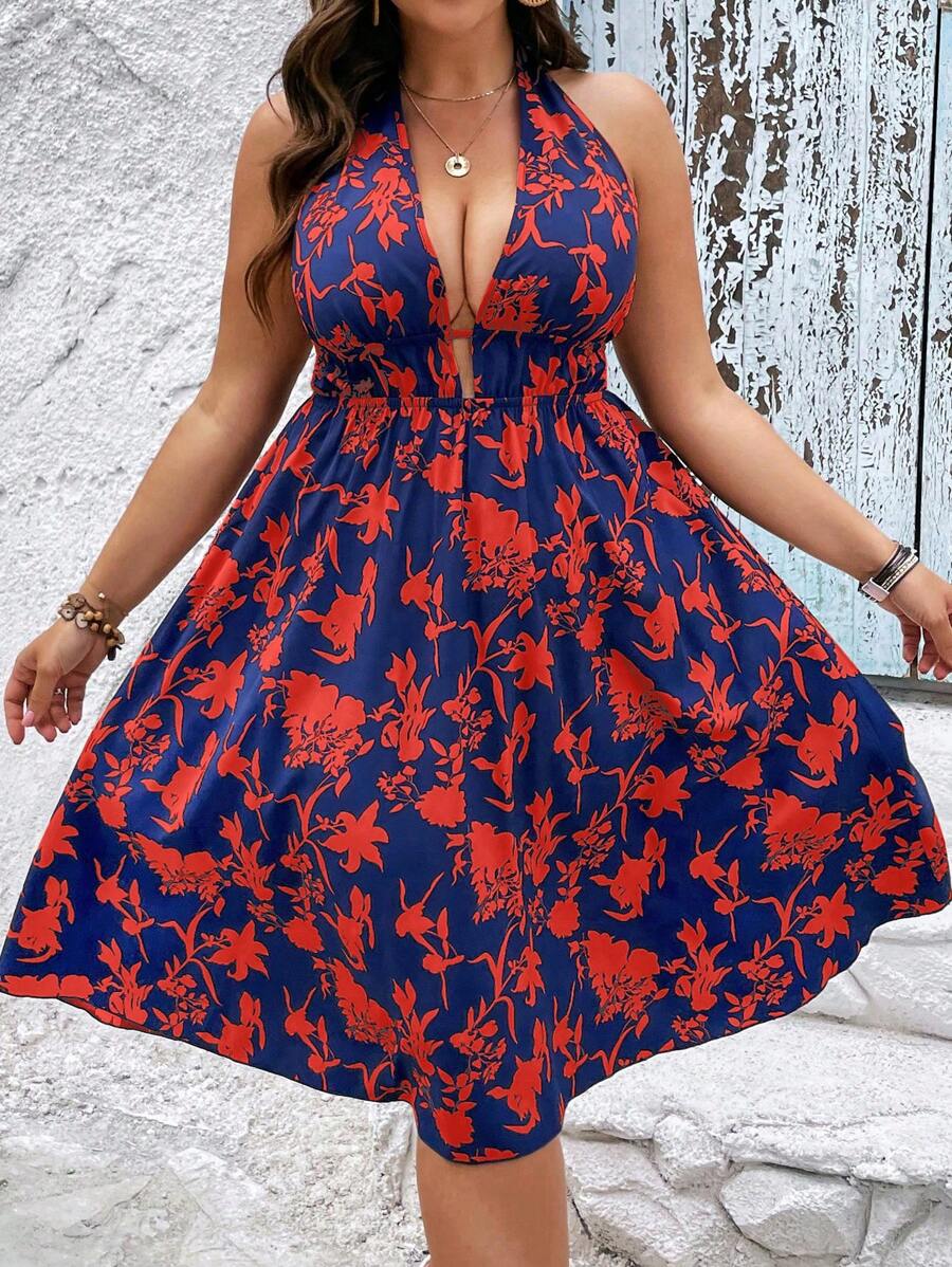 SHEIN LUNE Plus Floral Print Plunge Neck Backless Halter Dress - Multicolor - View 1