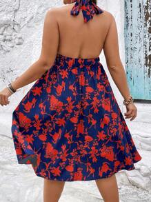 SHEIN LUNE Plus Floral Print Plunge Neck Backless Halter Dress - Multicolor - View 2