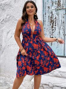 SHEIN LUNE Plus Floral Print Plunge Neck Backless Halter Dress - Multicolor - View 4
