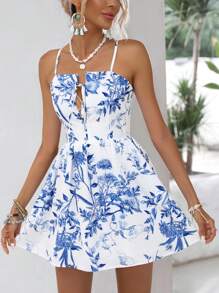 GENKIRA 植物圖案前繫帶吊帶連衣裙 - 藍白色 - 查看 4