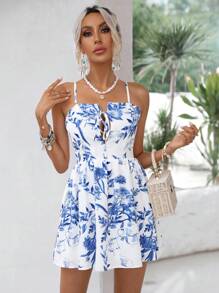 GENKIRA 植物圖案前繫帶吊帶連衣裙 - 藍白色 - 查看 5