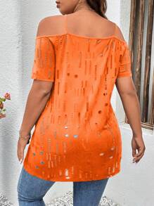 SHEIN LUNE Áo thun Plus size Chuỗi Cắt ra Nhẫn Bị tách Dây kéo màu trơn Giải trí - trái cam - Xem 2