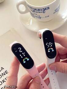 2pcs Girls Pink & White TPU Strap Rectangle Dial Digital Watch For Daily Life - Multicolor - View 1