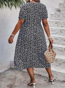 SHEIN Holidaya 大碼碎花泡泡袖荷葉邊連衣裙 - 黑與白 - 查看 2