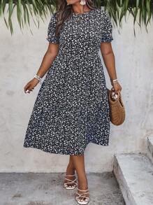 SHEIN Holidaya 大碼碎花泡泡袖荷葉邊連衣裙 - 黑與白 - 查看 5