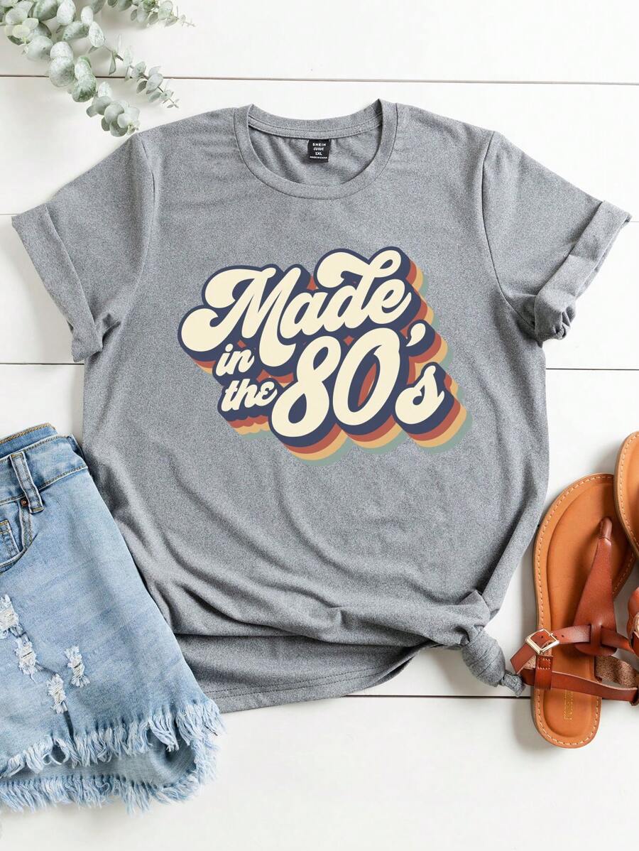 Flirla Áo thun Plus size Slogan Giải trí - Màu Xám nhạt - Xem 1