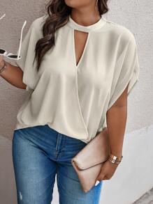 SHEIN Clasi Plus Keyhole Neck Batwing Sleeve Blouse - Apricot - View 3