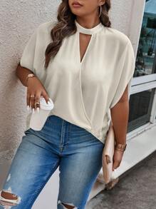 SHEIN Clasi Plus Keyhole Neck Batwing Sleeve Blouse - Apricot - View 4