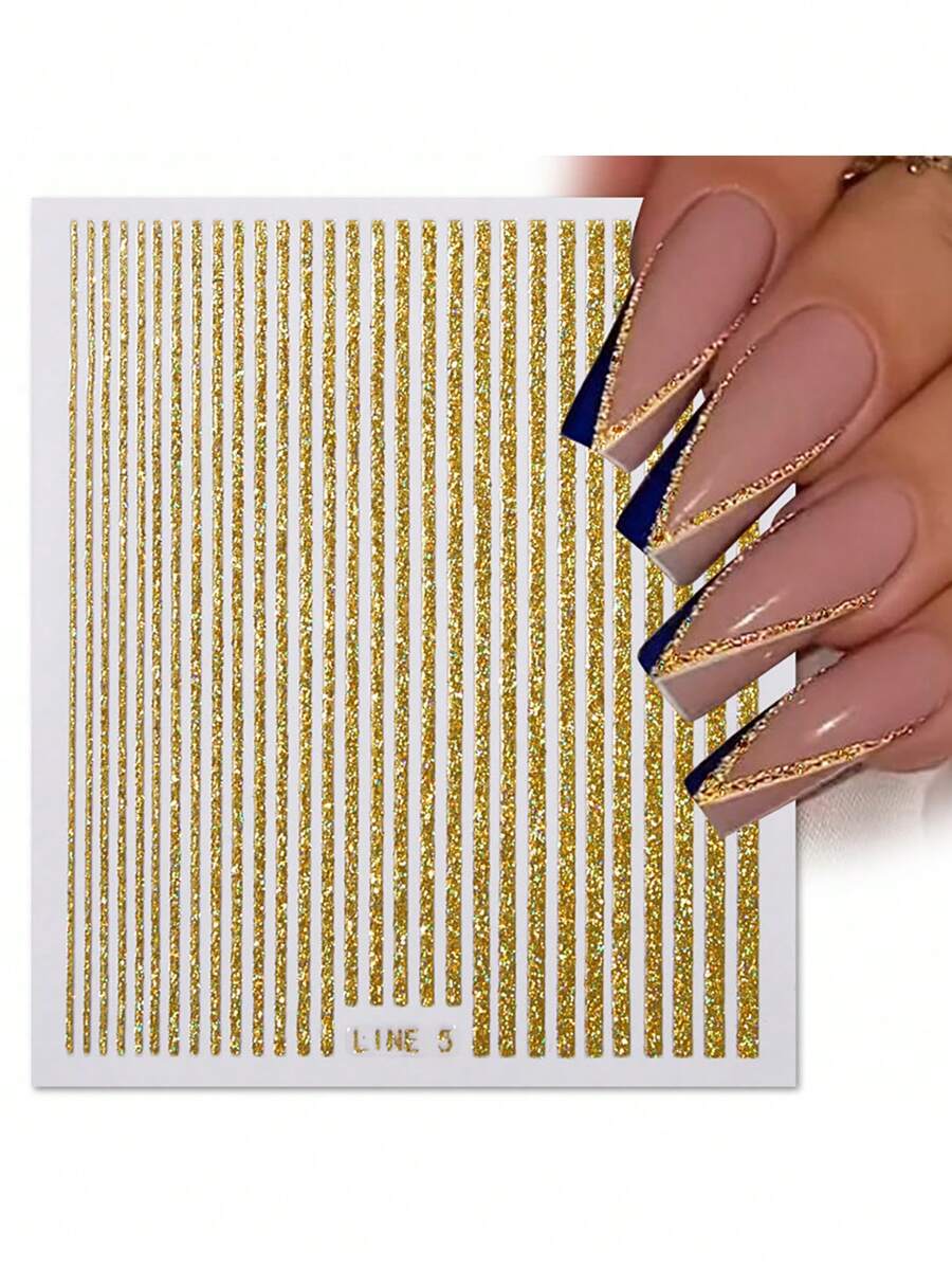 1張金屬亮絲條紋圖案美甲貼紙金色美甲貼花 - 金色 - 查看 1