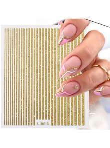 1張金屬亮絲條紋圖案美甲貼紙金色美甲貼花 - 金色 - 查看 2