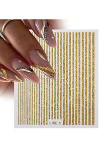 1張金屬亮絲條紋圖案美甲貼紙金色美甲貼花 - 金色 - 查看 4