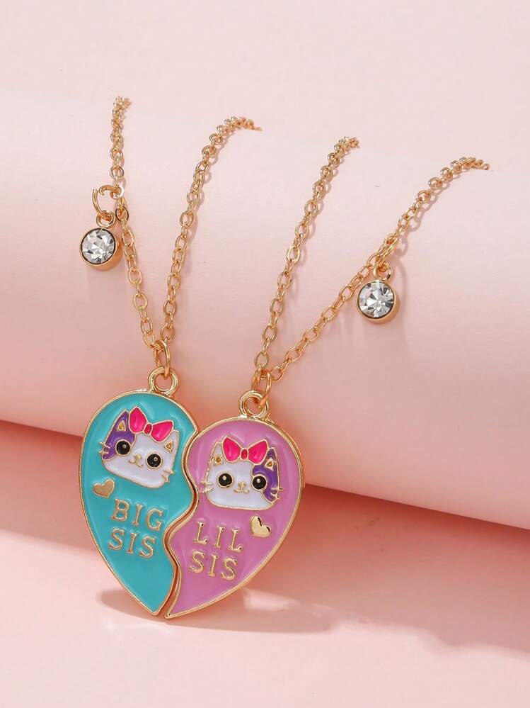2pcs Girls Magnetic Design Letter & Cat Detail Heart Zinc Alloy Pendant Necklace For Daily Decoration - Multicolor - View 1