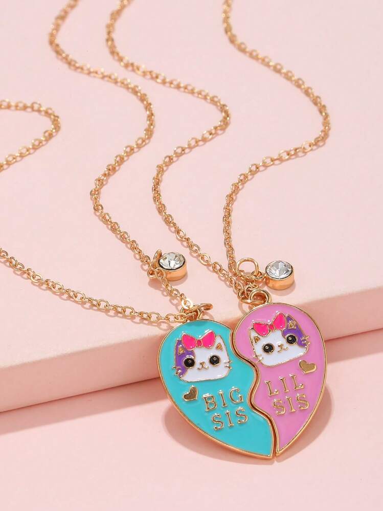 2pcs Girls Magnetic Design Letter & Cat Detail Heart Zinc Alloy Pendant Necklace For Daily Decoration - Multicolor - View 3