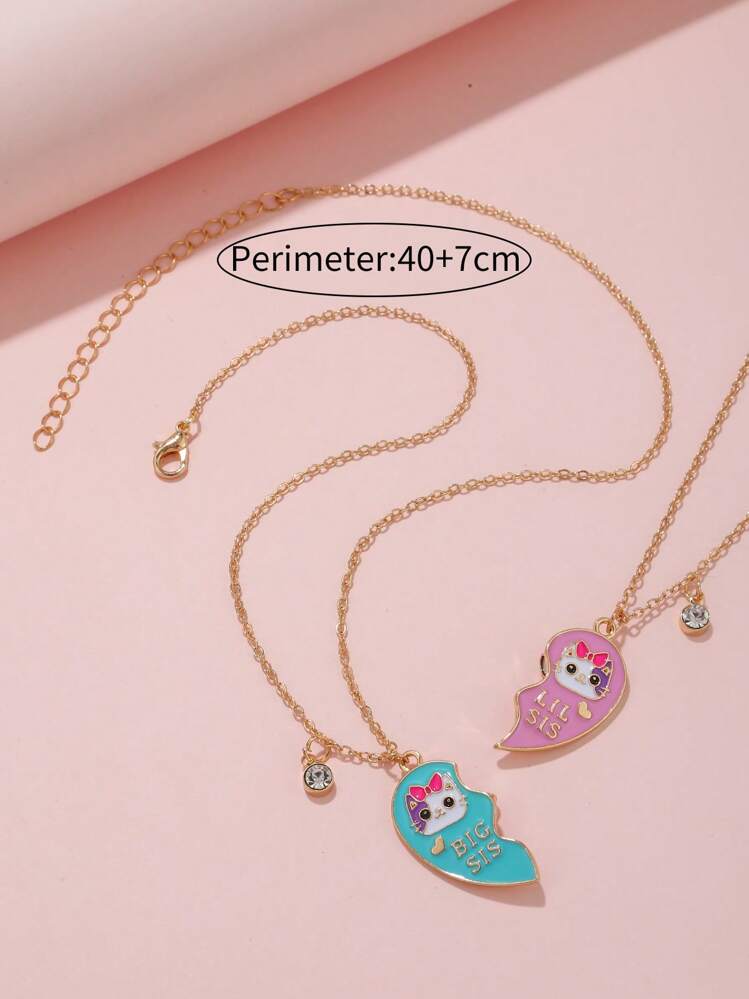 2pcs Girls Magnetic Design Letter & Cat Detail Heart Zinc Alloy Pendant Necklace For Daily Decoration - Multicolor - View 4