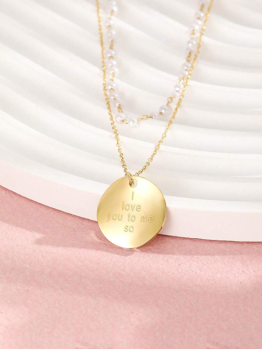 1pc Girls Slogan Graphic Round Pendant Necklace For Gift - Yellow Gold - View 1