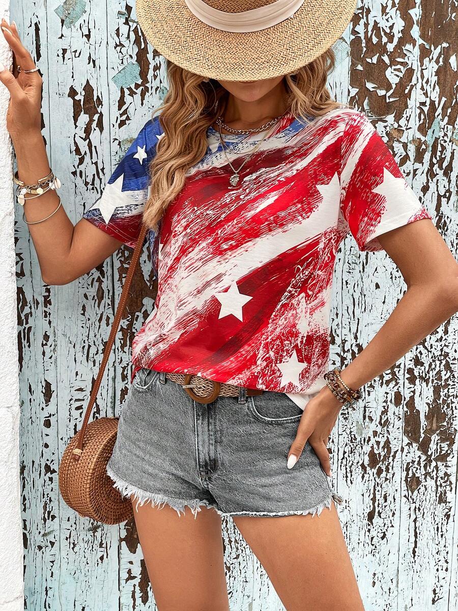 SHEIN LUNE Áo thun nữ Lá cờ Giải trí - Nhiều màu - Xem 1
