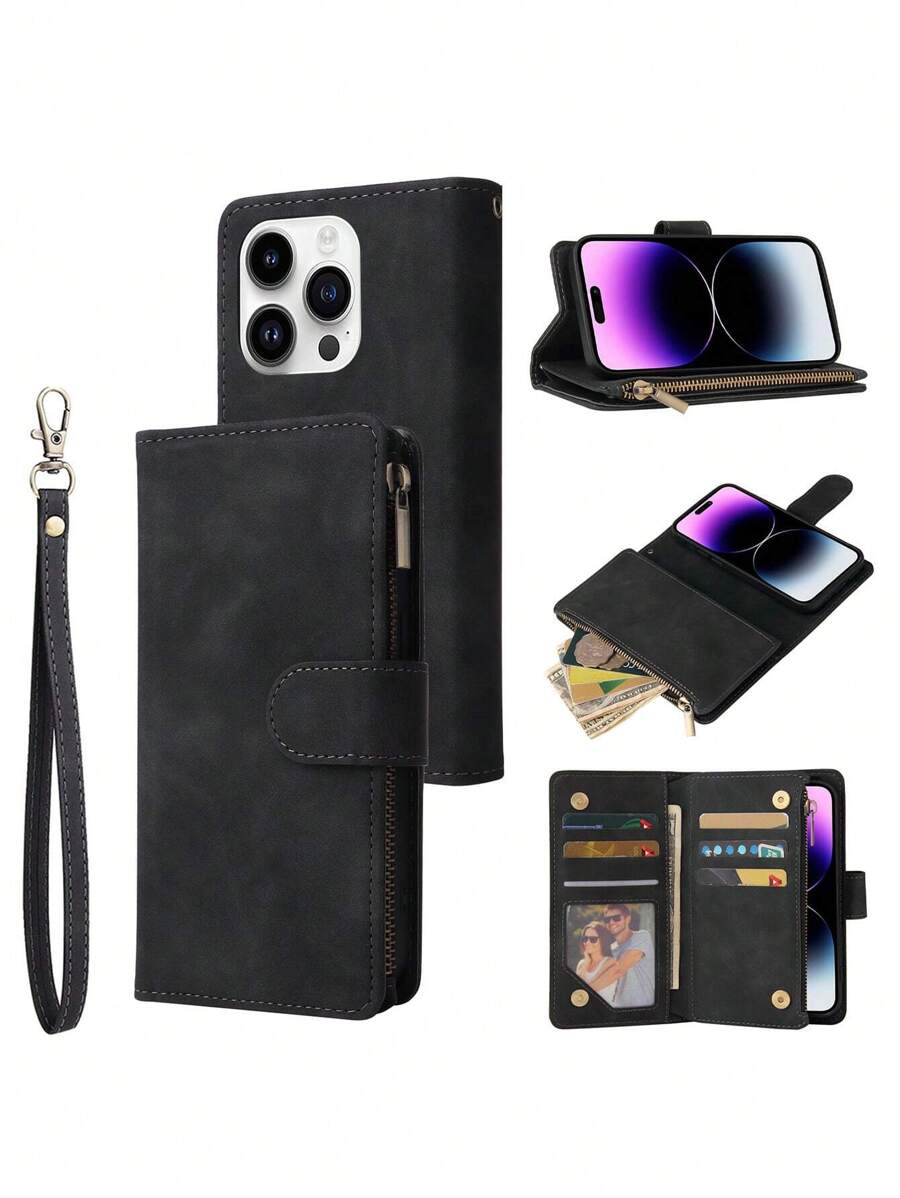 Capa de carteira para celular com suporte para cartão de crédito e alça de pulso compatível com iPhone 15 14 13 12 11 Pro Max XR X XS Max 6 6S 7 8 Plus. Capa protetora premium com zíper, folio flip, suporte e estojo em couro sintético macio.