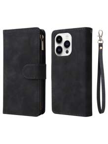 Capa de carteira para celular com suporte para cartão de crédito e alça de pulso compatível com iPhone 15 14 13 12 11 Pro Max XR X XS Max 6 6S 7 8 Plus. Capa protetora premium com zíper, folio flip, suporte e estojo em couro sintético macio. - Preto - Visão 3