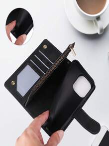 Capa de carteira para celular com suporte para cartão de crédito e alça de pulso compatível com iPhone 15 14 13 12 11 Pro Max XR X XS Max 6 6S 7 8 Plus. Capa protetora premium com zíper, folio flip, suporte e estojo em couro sintético macio. - Preto - Visão 4