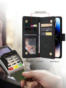 Capa de carteira para celular com suporte para cartão de crédito e alça de pulso compatível com iPhone 15 14 13 12 11 Pro Max XR X XS Max 6 6S 7 8 Plus. Capa protetora premium com zíper, folio flip, suporte e estojo em couro sintético macio. - Preto - Visão 5