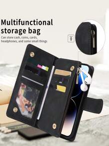Capa de carteira para celular com suporte para cartão de crédito e alça de pulso compatível com iPhone 15 14 13 12 11 Pro Max XR X XS Max 6 6S 7 8 Plus. Capa protetora premium com zíper, folio flip, suporte e estojo em couro sintético macio. - Preto - Visão 7