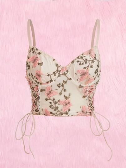 Butterfly Embroidery Lace Up Cami Top