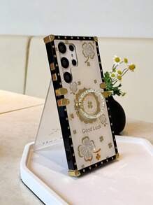 Funda para teléfono iPhone 16 con patrón floral y soporte de anillo - Dorado - Ver 1