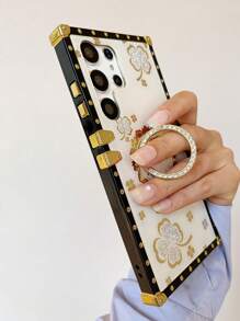 Funda para teléfono iPhone 16 con patrón floral y soporte de anillo - Dorado - Ver 4