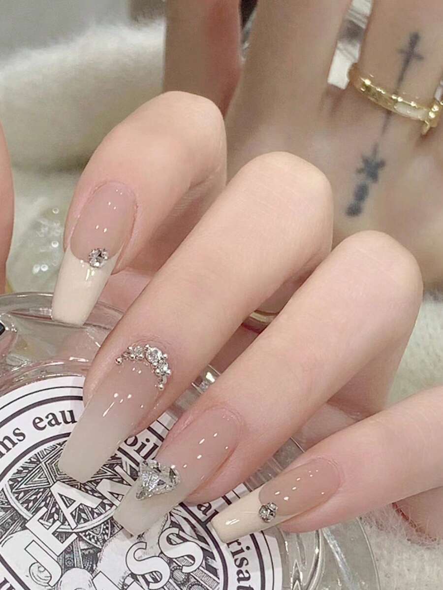 30 件/套短棺材形白色扎染渐变水钻心形指甲贴,包含 1 块果冻胶和 1 块抛光块,适用于派对、婚礼和日常佩戴按压指甲美甲用品 - 彩色 - 查看 1