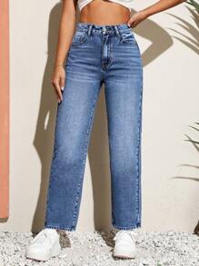 SHEIN Unity High Waist Straight Leg Jeans - Blue - View 3