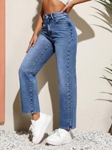 SHEIN Unity High Waist Straight Leg Jeans - Blue - View 4