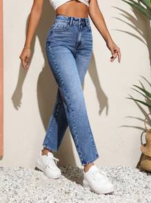 SHEIN Unity High Waist Straight Leg Jeans - Blue - View 5