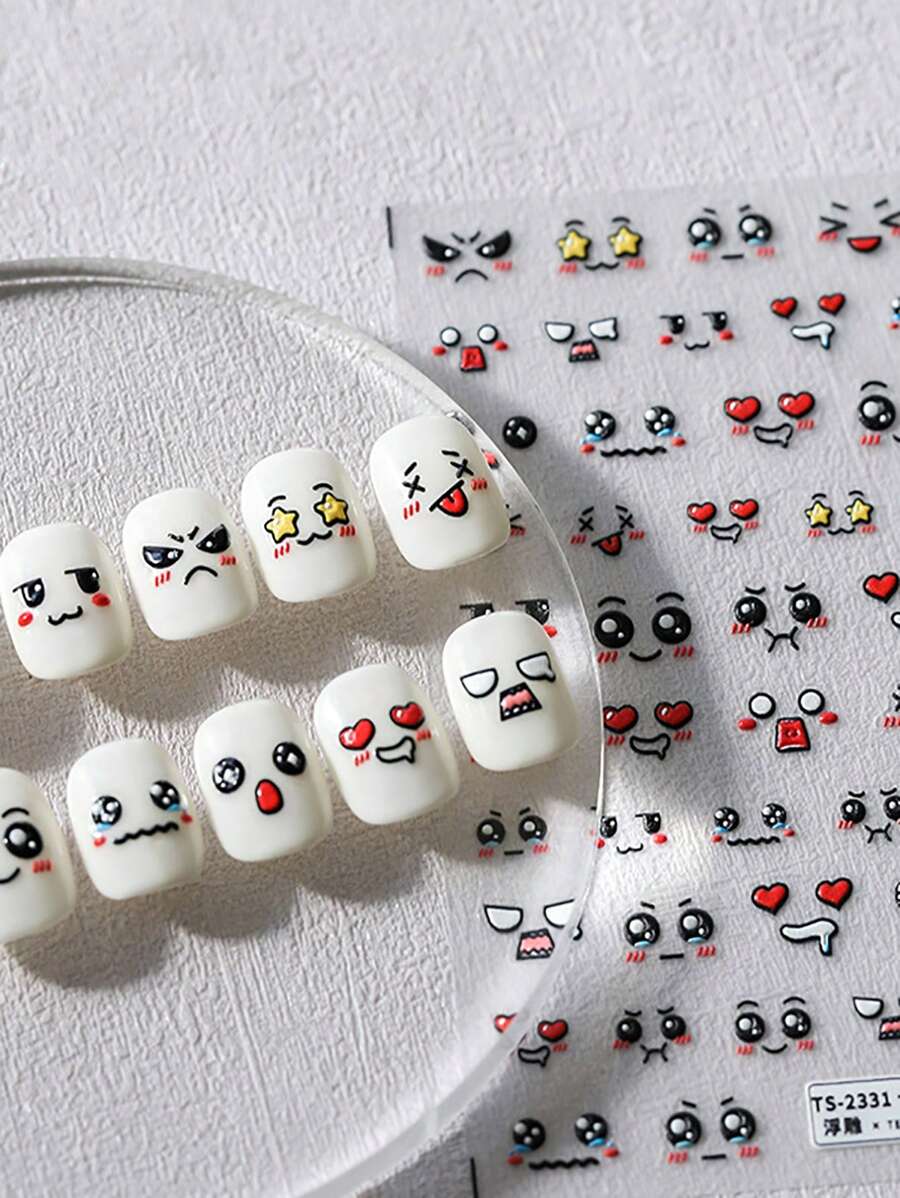 1sheet Cartoon Face Expression Nail Art Sticker 5D Engraved Nail Sticker Decal Back Glue Manicure Tip Nail Stickers DIY - Multicolor - View 1