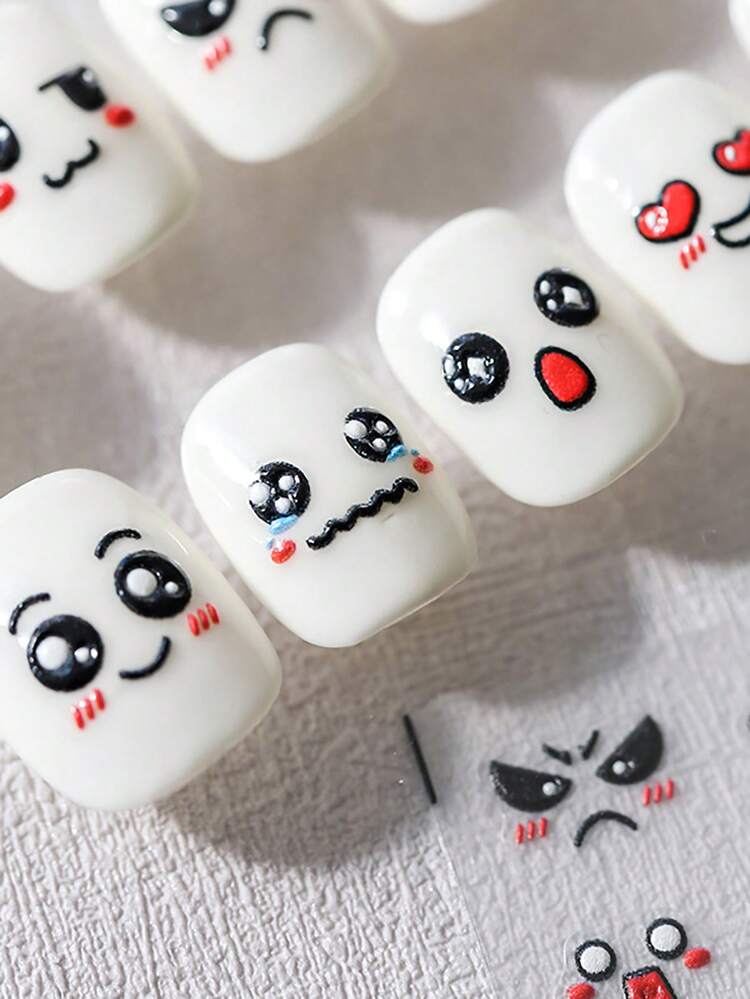 1片卡通表情指甲藝術貼紙5D雕刻指甲貼紙貼紙背膠修甲提示指甲貼紙DIY - 彩色 - 查看 2
