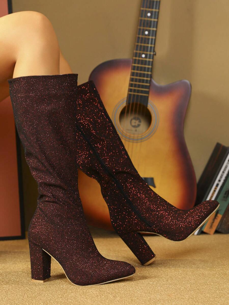 Women's Pointed Toe Chunky Heel Short Ankle Boots, Versatile Fashion Dress Boots For Spring, Autumn & Winter - Burgundy - View 1