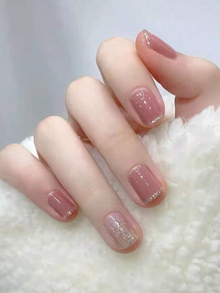 Nude Pink Press On Nails, 24pcs Short Square Glitter Fake Nail & 1pc Nail File & 1sheet Tape Cute Acrylic Nails Glossy Stick On Nails For Women Manicure Nail Supplies - Multicolor - View 1