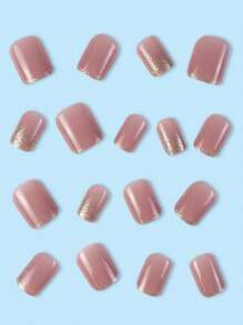 Nude Pink Press On Nails, 24pcs Short Square Glitter Fake Nail & 1pc Nail File & 1sheet Tape Cute Acrylic Nails Glossy Stick On Nails For Women Manicure Nail Supplies - Multicolor - View 3